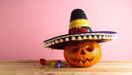 Carved halloween pumpkin wearing a colorful mexican sombrero hat on a wooden table with small candies, festive october holiday celebration