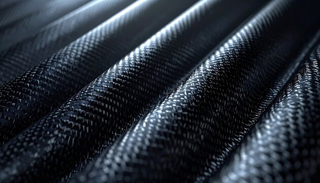 Close-up of a dark, textured carbon fiber fabric surface with wavy lines and highlights, ideal for industrial or technological backgrounds