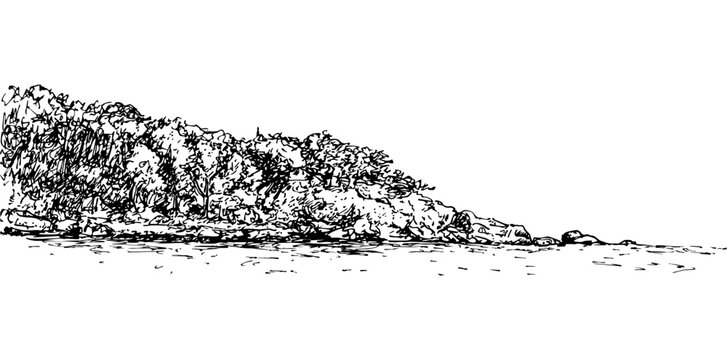 Ink drawing of Cape Karaburun, jutting out one kilometer into the sea. Tourist spot, Alanya, Turkey