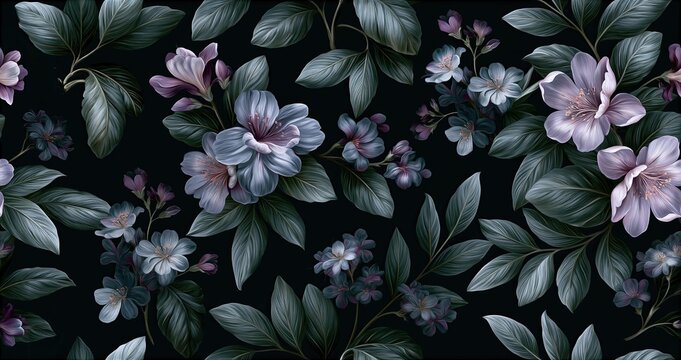 Sophisticated botanical pattern showcasing muted blooms and leaves with gentle gradients for stylish textile designs.