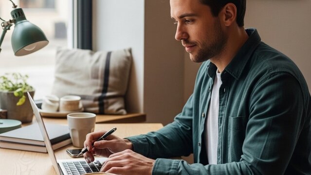 Focused young man working on laptop computer at wooden desk near window, holding pen, taking notes, remote work, freelance programmer, online learning, digital nomad concept.