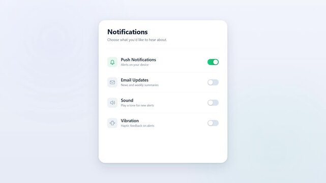 Mobile application settings interface toggling notification preferences on