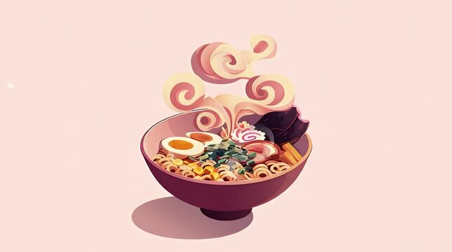 Stylized Cartoon Illustration of Steaming Hot Japanese Ramen Bowl