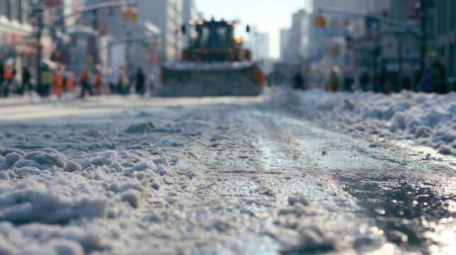 low angle view of a city street covered in snow with a snowplow in the distance