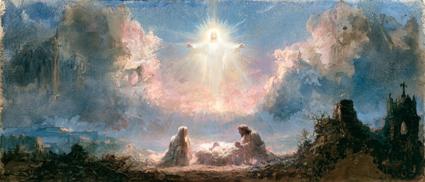 Mary holds the newborn Jesus as Joseph sits beside them. Light shines above in the sky. They are in a humble space with rocky ground and dark clouds around