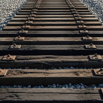 Close-up View of Wooden Railroad Tracks on a Gravel Bed
