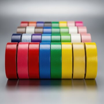 Colorful Adhesive Tape Rolls Arranged in a Row for Crafting Projects