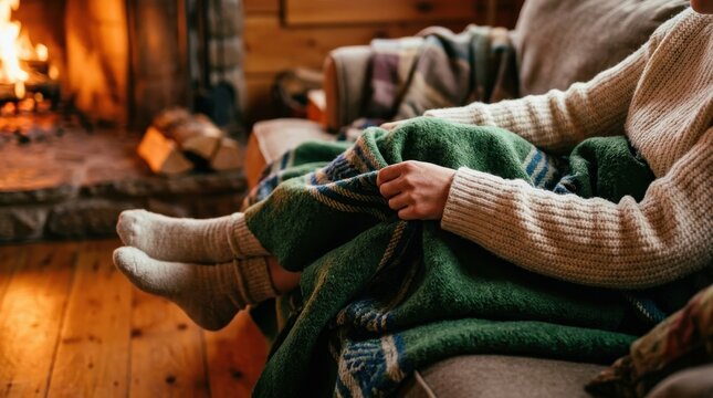 Cozy Indoor Scene with Person Relaxing by Fireplace in Sweater