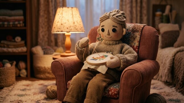 Cozy Needlework Doll in a Warm Living Room Setting