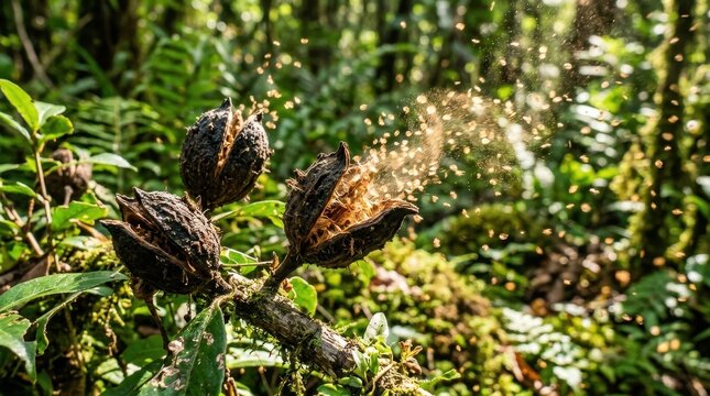 Delicate Nature Scene of Tropical Plant with Seeds in Rainforest