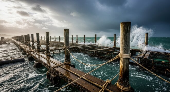 Dramatic Seascape with Pier and Waves Under Dark Stormy Skies