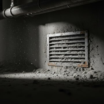 Dusty Air Vent in Industrial Setting with Concrete Wall and Pipes