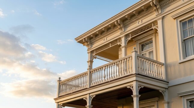 Elegant Victorian House with Balcony at Sunset against Blue Sky