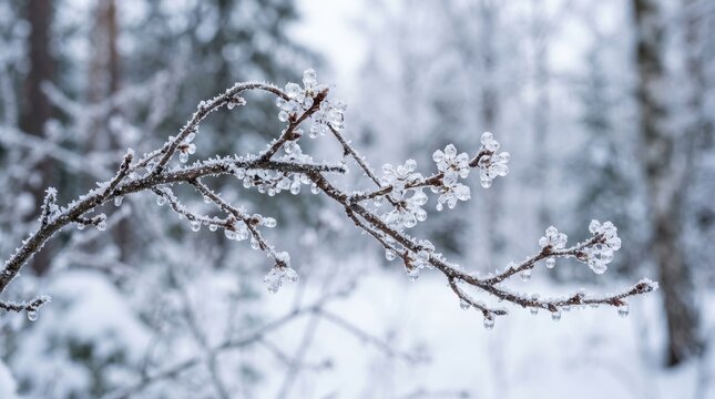 Frosted Branch with Ice Crystals in a Winter Wonderland Scene