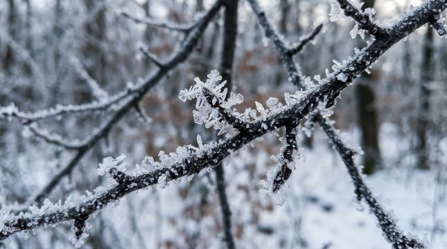 Frost-Covered Branches in a Winter Landscape with Snowy Background