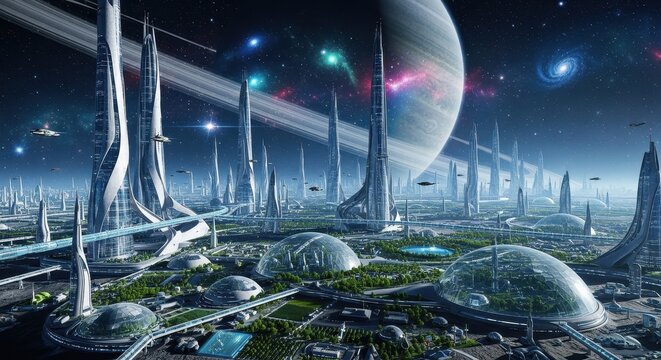 Futuristic Cityscape with Advanced Architecture and Celestial Background