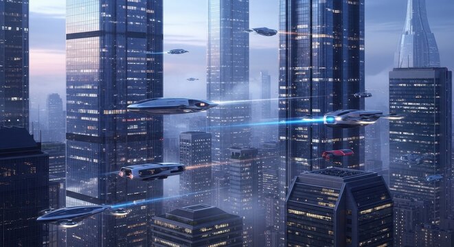 Futuristic Cityscape with Flying Vehicles and Modern Skyscrapers