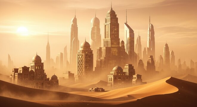 Futuristic City Emerges from Vast Desert Landscape at Sunset