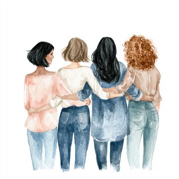 four best friends standing with arms around each other's backs in a watercolor illustration