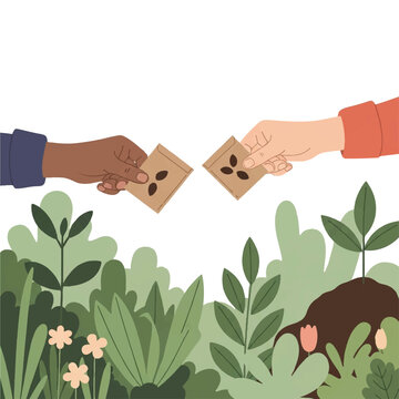 Two diverse hands exchanging small brown paper seed packets in a lush community garden, focus on hands and packets, social and collaborative mood, minimalist flat vector artwork, clipart style,