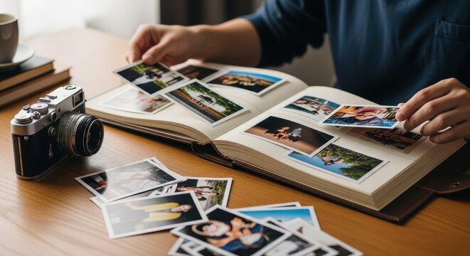 Memories Captured in Photo Album with Vintage Camera on a Table