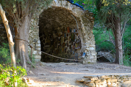 The chapel of Ascension at Kesariani aesthetic forest on mountain Hymettus (Ymittos), near monastery of Kaisariani