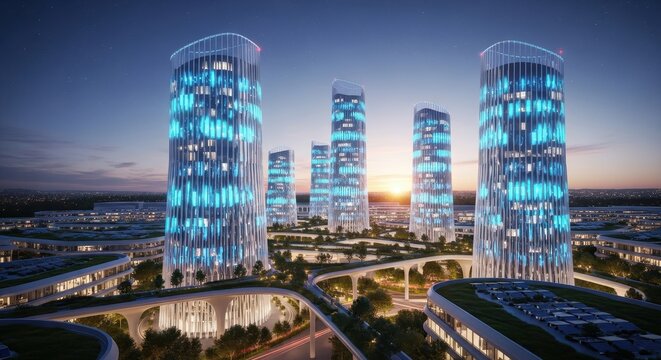 Modern Skyscrapers at Dusk with Blue Lights in Urban Landscape