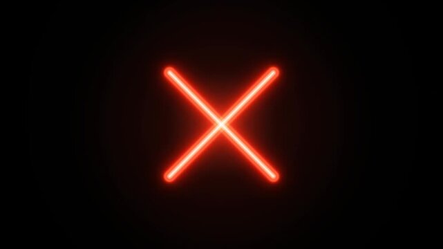 Glowing red neon cross mark rejecting error animation over dark background