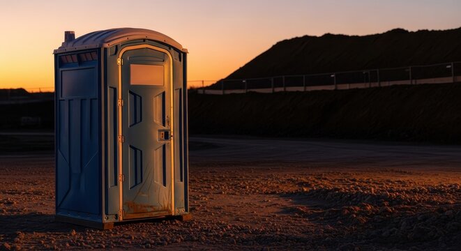 Portable Toilet at Sunset in Construction Site with Beautiful Sky