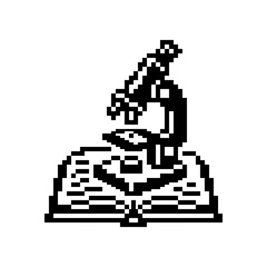 Fototapeta premium A pixel art illustration of a scientific microscope resting on an open textbook