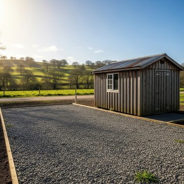 Rustic Wooden Cabin Surrounded by Green Fields and Blue Sky
