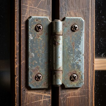 Rusty Vintage Hinge on Weathered Wooden Door Close-Up