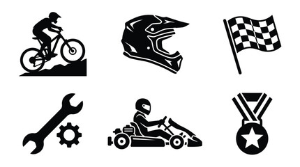 Motorsports cycling icon set featuring bikes, helmets, flags, tools, karts, and medals for racing, competition, branding, and design projects © Files