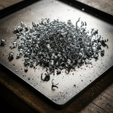 Shiny Metal Shavings Piled on a Dark Metal Tray in Soft Light