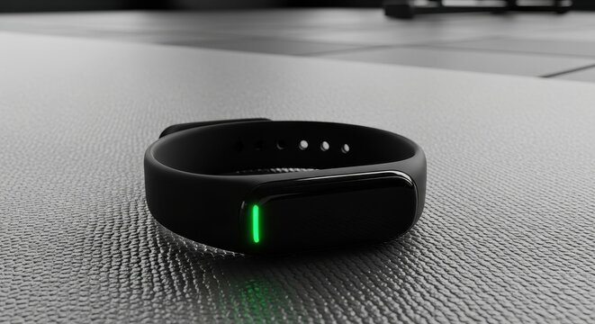 Sleek Black Fitness Tracker with Green Light on Textured Surface