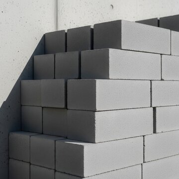 Smooth Gray Concrete Blocks Stacked Against A Plain Wall Surface