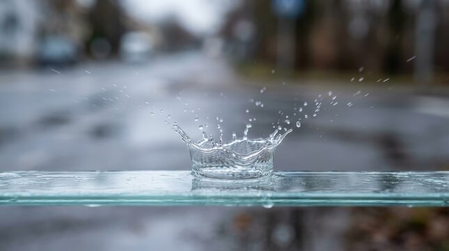 Splashing Water Droplet Crown on Glass Surface with Blurred Background
