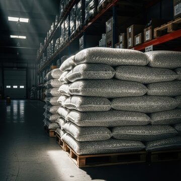 Stacked Bags of Material in a Warehouse with Dramatic Lighting