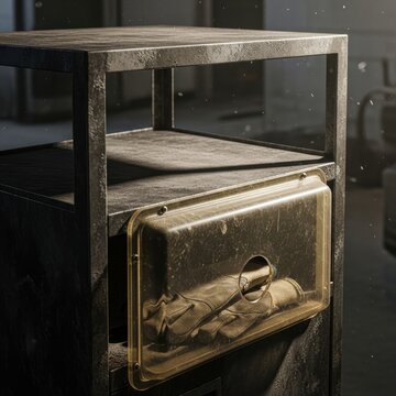 Transparent Drawer with Faded Gloves and Dust in Dark Room