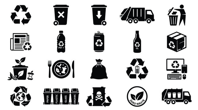 Recycling sustainability icon set featuring bins, trucks, bottles, plants, and eco‑symbols for waste management, environmental awareness, and green design projects