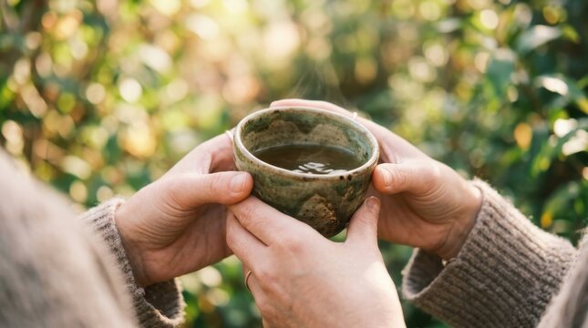 Two Hands Holding a Ceramic Bowl with Beverage in Natural Setting