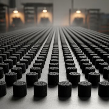 Uniform Rows of Black Cylindrical Objects in Industrial Setting