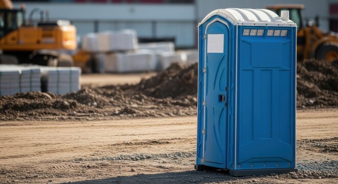 Unique Portable Toilet with Iconic Blue Design at Construction Site