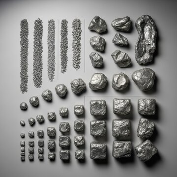 Varied Shapes and Textures of Metallic Silver Stones on Gray Background