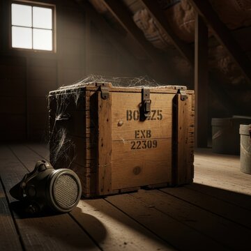 Vintage wooden crate with gas mask and cobwebs in attic setting