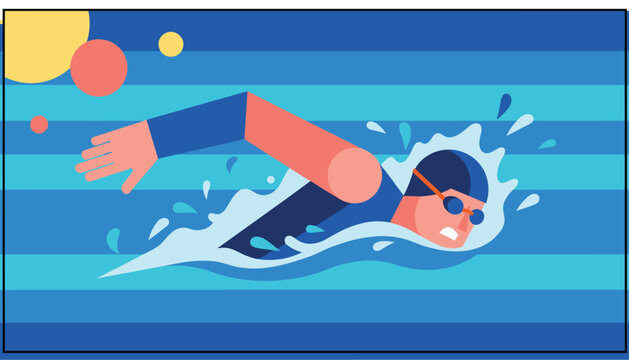 Professional male swimmer with goggles and a swim cap performing freestyle stroke in the pool with splashing blue waves.