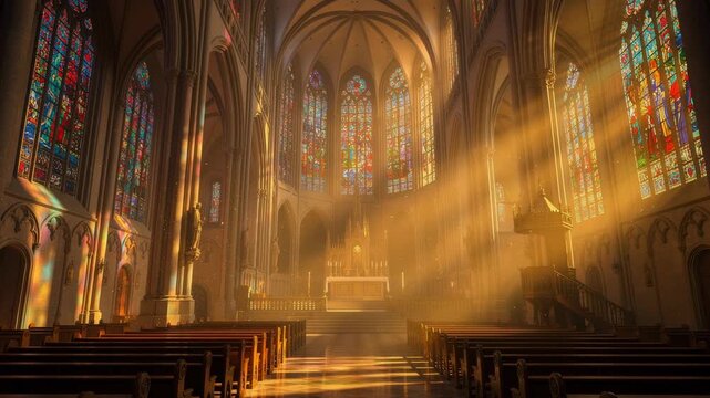 Sunlight streaming through colorful stained glass windows inside a historic cathedral interior with wooden pews