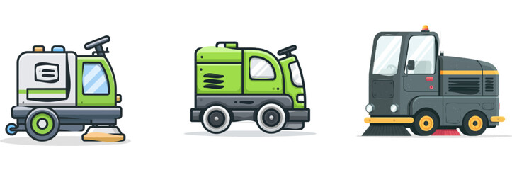 Naklejka premium A sleek industrial floor sweeper machine in a minimalist flat design with solid colors, clear outlines, and a white background showcases its compact and efficient design for urban cleaning tasks