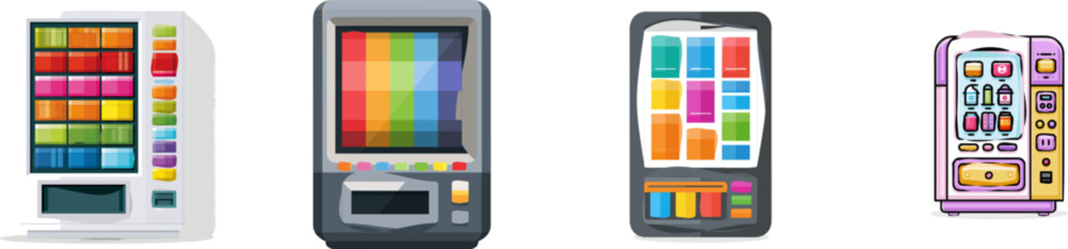 A vibrant flat vector icon of a modern digital vending machine touchscreen interface features bright colors, clean lines, and a sleek, user-friendly design against a pure white background