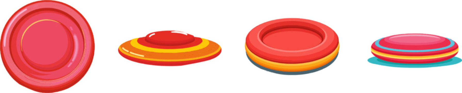 A vibrant, flat vector icon of a red flying disc toy for dogs features bright colors, modern UI design elements, clean lines, and is isolated on a pristine white background